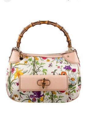 Gucci Pink Floral Canvas Shoulder Bag with Bamboo Handle